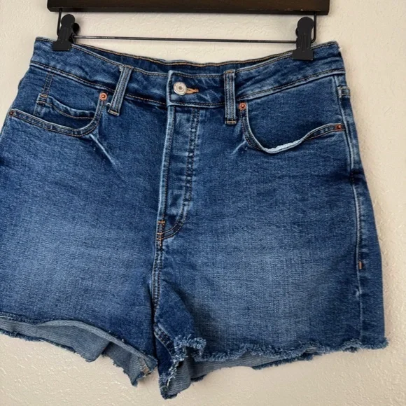 Old Navy higher high rise sky-hi A-line‎ raw hem denim jean shorts dark wash 8 - Picture 4 of 9